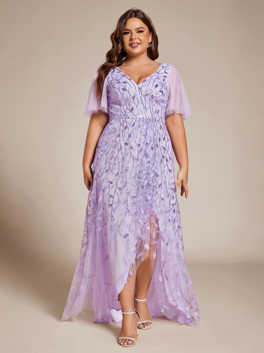 A-Line V-Neck Appliques Short Sleeves  Midi Formal Evening Dress with Slit
