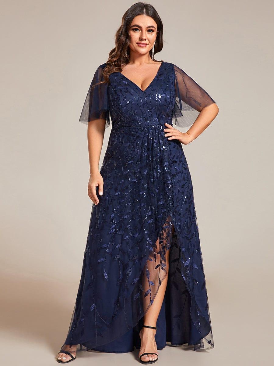 A-Line V-Neck Appliques Short Sleeves  Midi Formal Evening Dress with Slit