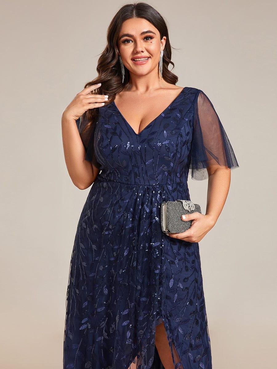 A-Line V-Neck Appliques Short Sleeves  Midi Formal Evening Dress with Slit