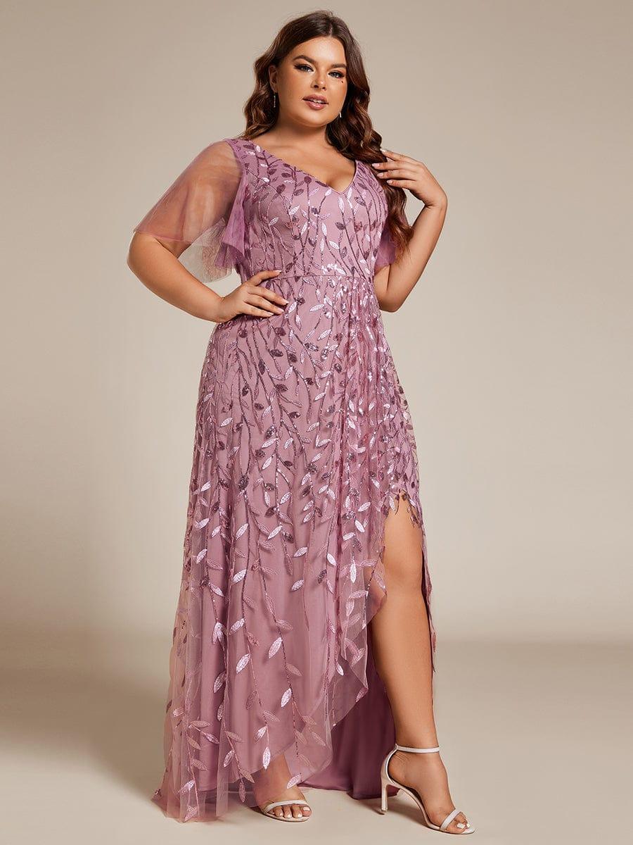 A-Line V-Neck Appliques Short Sleeves  Midi Formal Evening Dress with Slit