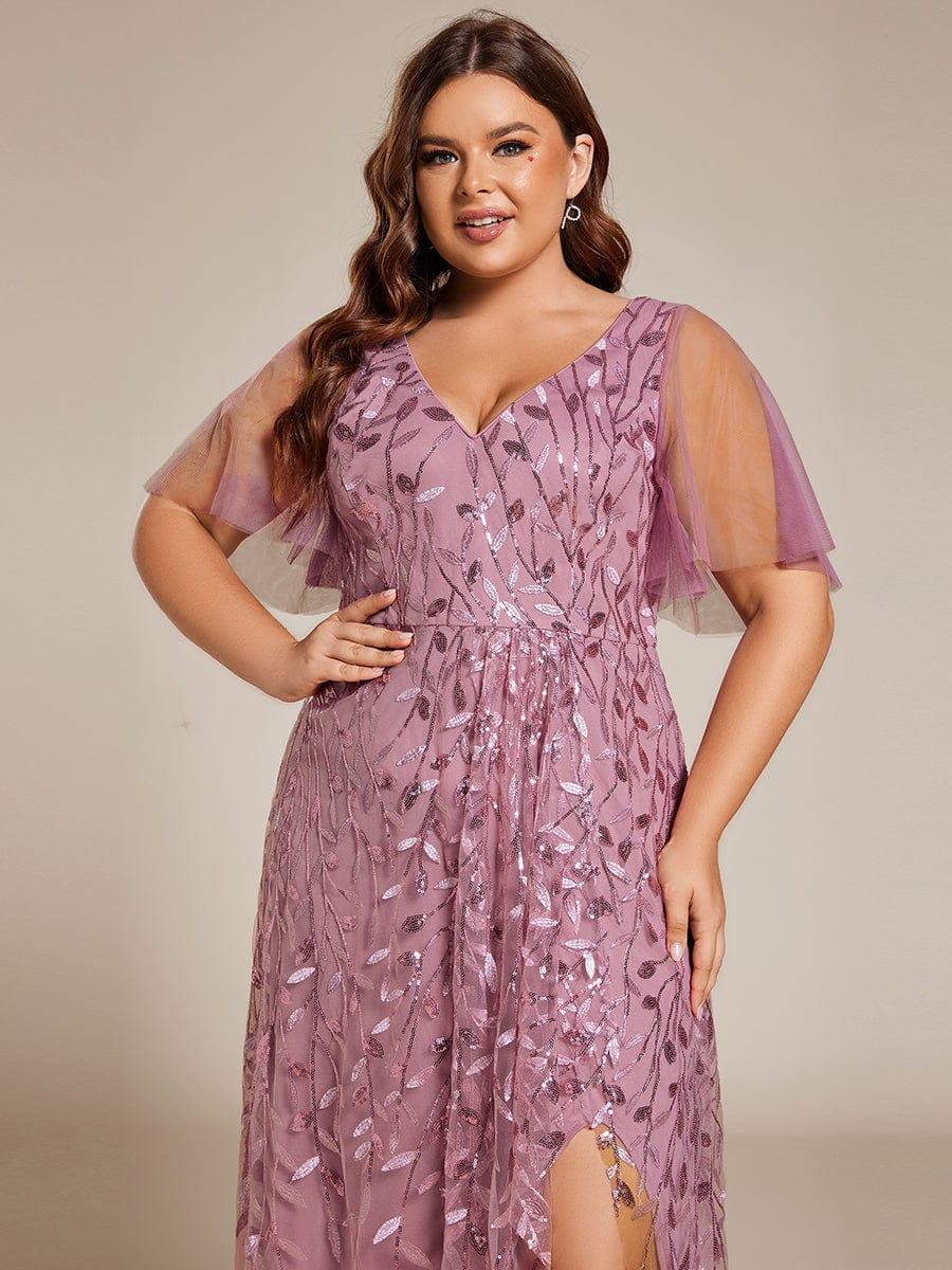 A-Line V-Neck Appliques Short Sleeves  Midi Formal Evening Dress with Slit