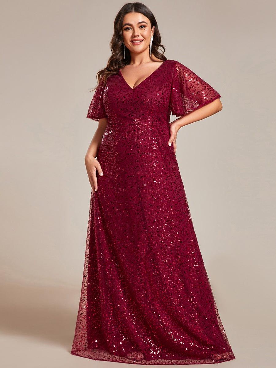 Plus Size A-Line Short Sleeves V-Neck Sequin Formal Evening Dress