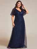 Plus Size A-Line Short Sleeves V-Neck Sequin Formal Evening Dress