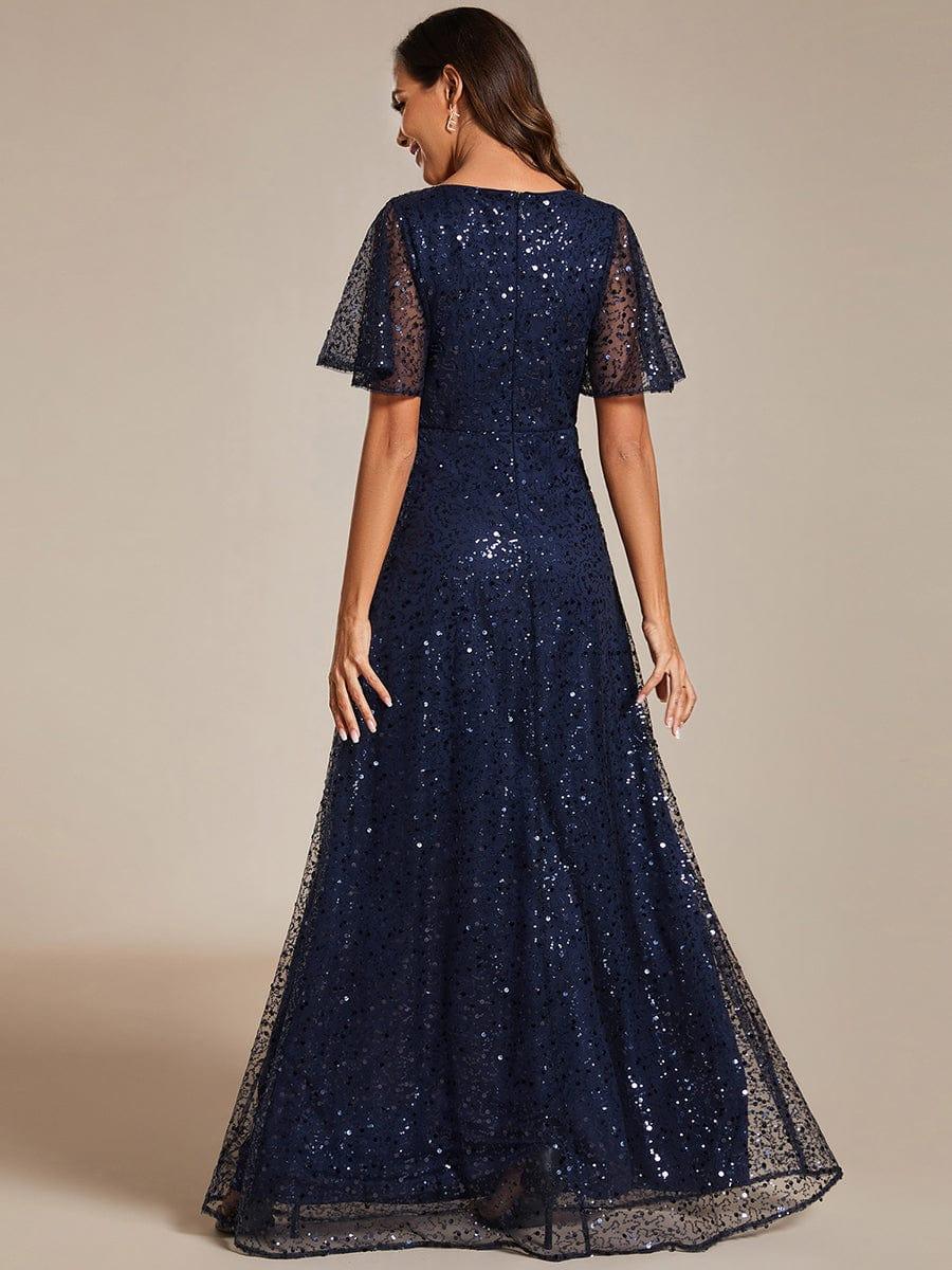 Sparkly Empire-Waist V-Neck Short Sleeves A-Line Formal Evening Dress