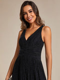 A-Line Empire-Waist V-Neck Sleeveless Glitter Pleated Long Formal Evening Dress