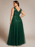 Plus Size Tulle  A-Line Sequin V-Neck Sleeveless Empire-Waist Formal Evening Dress