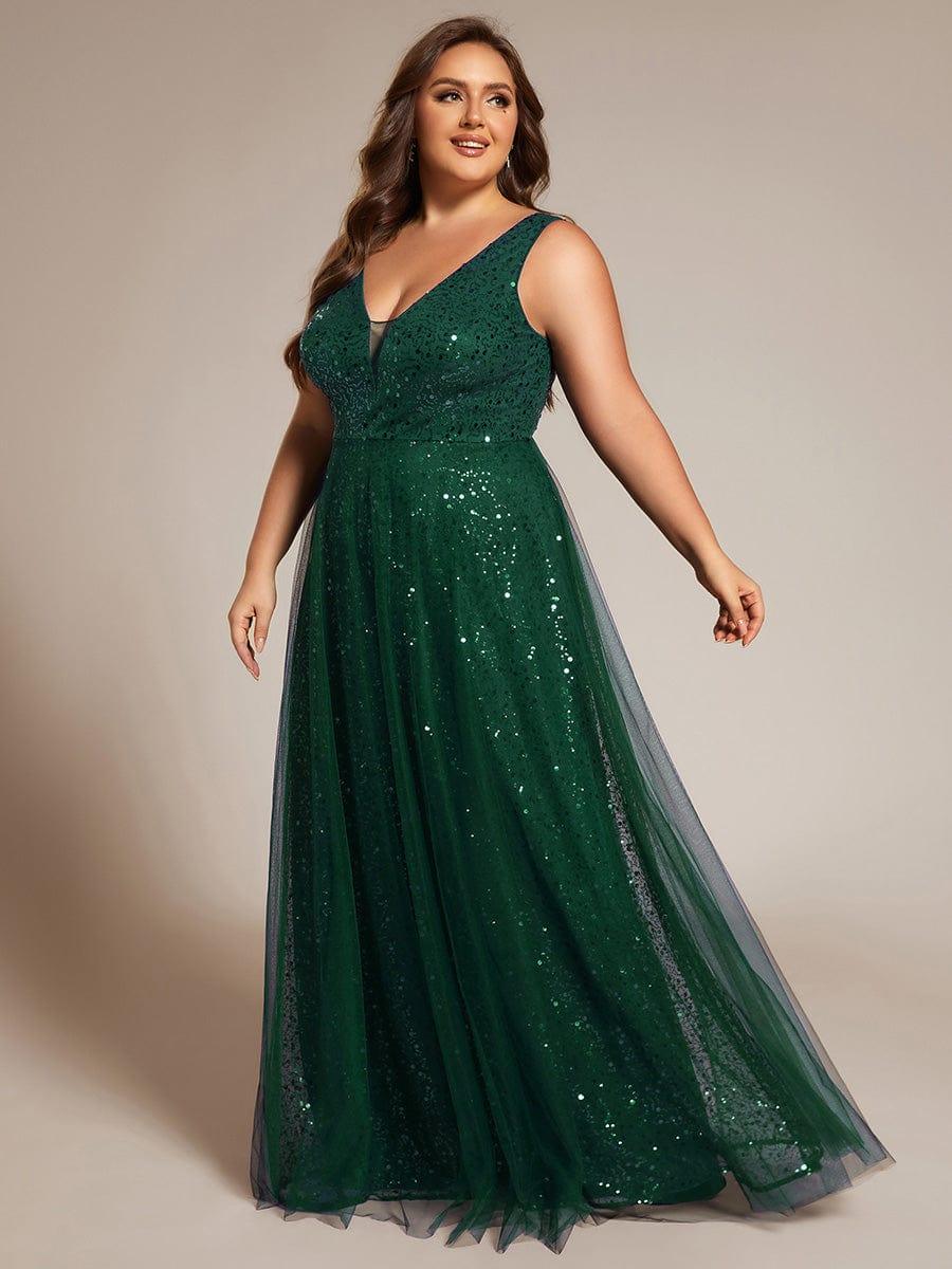 Plus Size Tulle  A-Line Sequin V-Neck Sleeveless Empire-Waist Formal Evening Dress