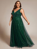Plus Size Tulle  A-Line Sequin V-Neck Sleeveless Empire-Waist Formal Evening Dress