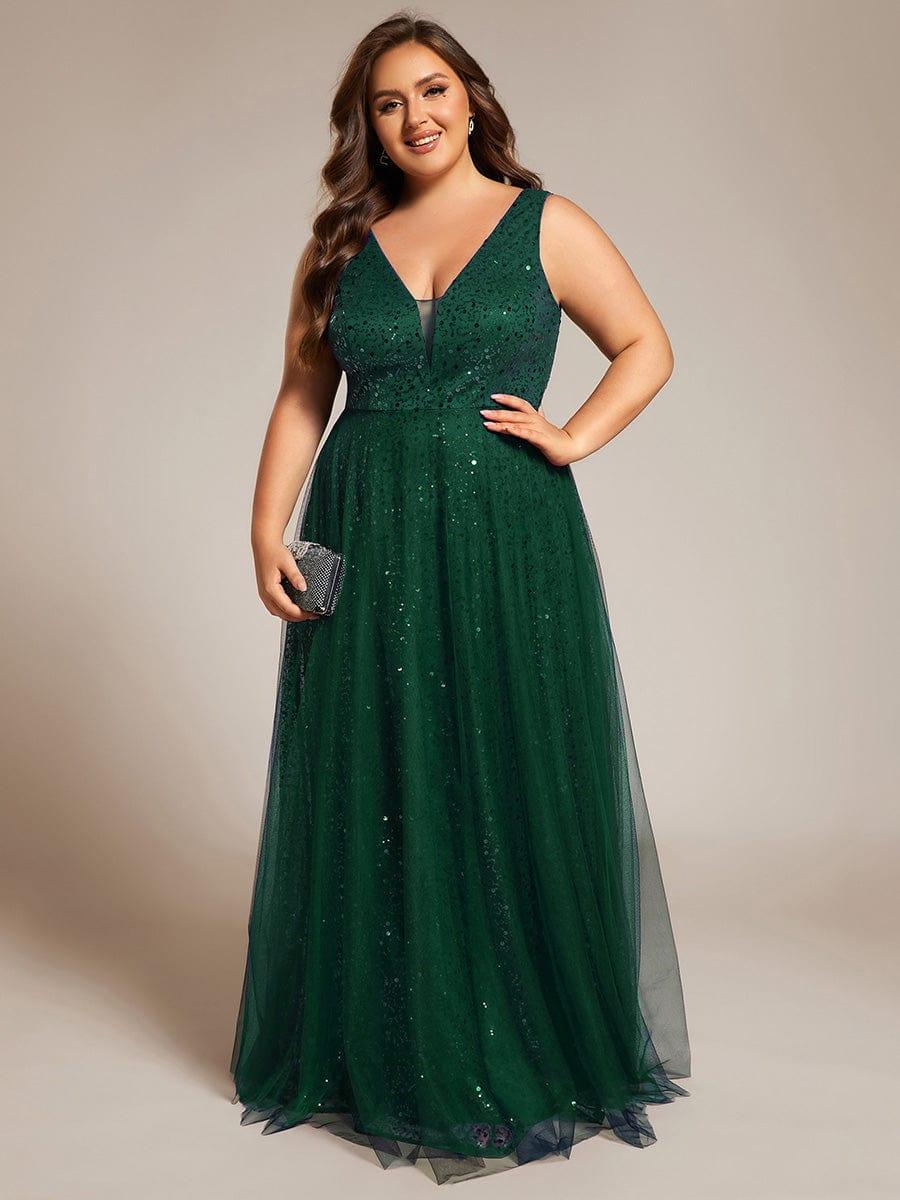 Plus Size Tulle  A-Line Sequin V-Neck Sleeveless Empire-Waist Formal Evening Dress
