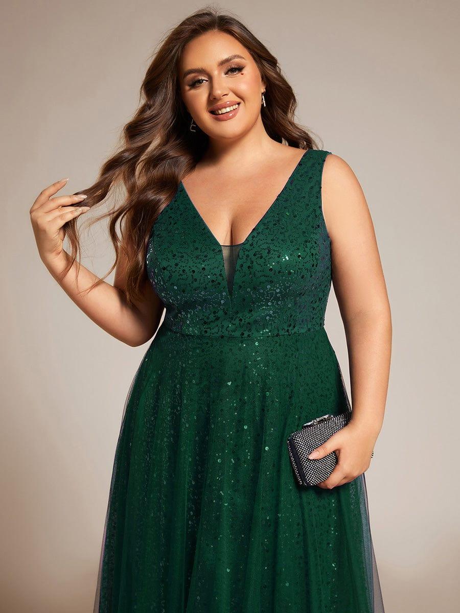 Plus Size Tulle  A-Line Sequin V-Neck Sleeveless Empire-Waist Formal Evening Dress