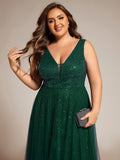 Plus Size Tulle  A-Line Sequin V-Neck Sleeveless Empire-Waist Formal Evening Dress