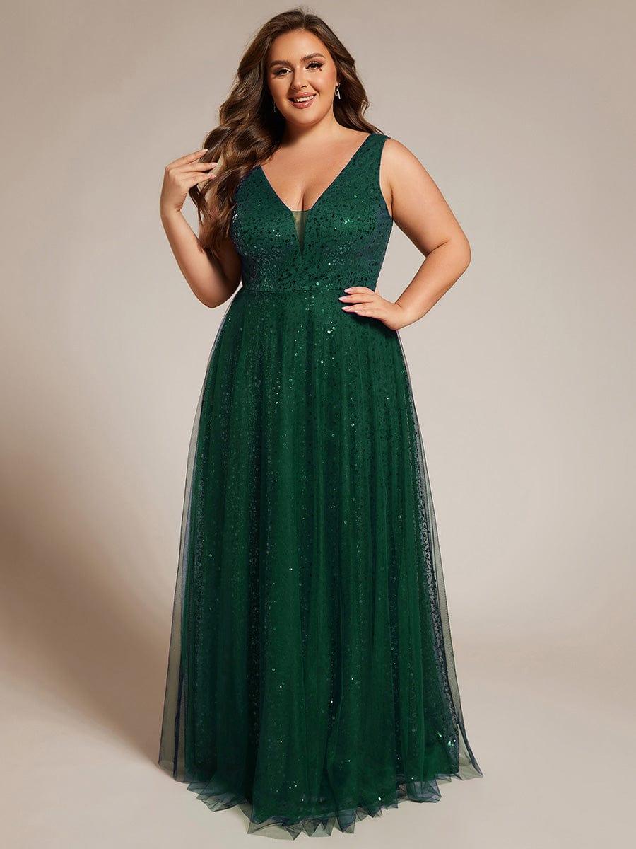 Plus Size Tulle  A-Line Sequin V-Neck Sleeveless Empire-Waist Formal Evening Dress