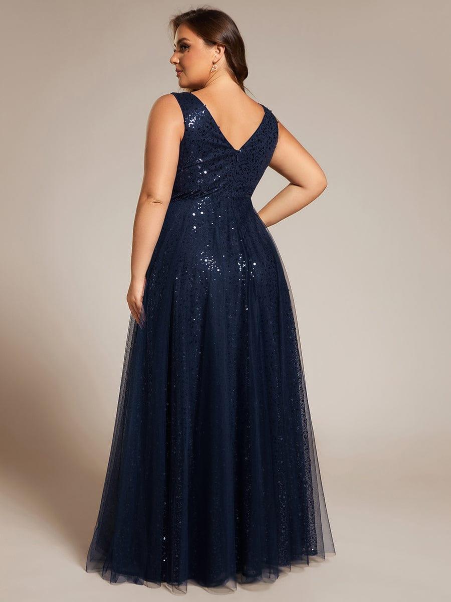 Plus Size Tulle  A-Line Sequin V-Neck Sleeveless Empire-Waist Formal Evening Dress