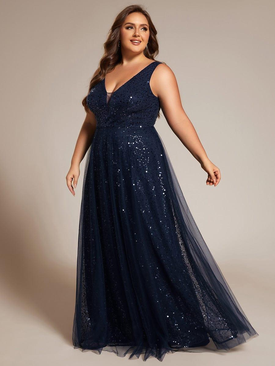 Plus Size Tulle  A-Line Sequin V-Neck Sleeveless Empire-Waist Formal Evening Dress