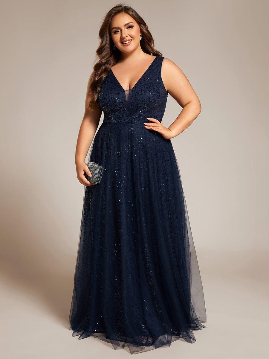 Plus Size Tulle  A-Line Sequin V-Neck Sleeveless Empire-Waist Formal Evening Dress