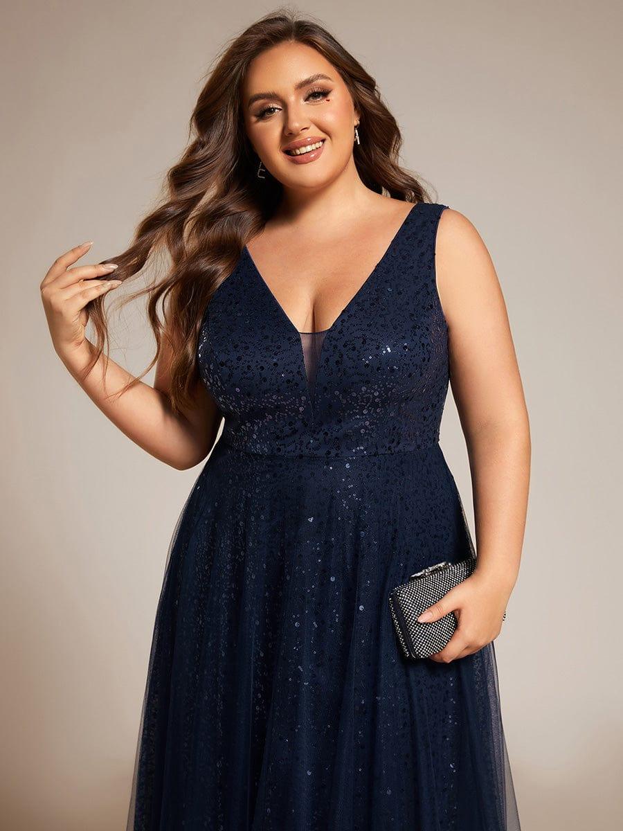 Plus Size Tulle  A-Line Sequin V-Neck Sleeveless Empire-Waist Formal Evening Dress