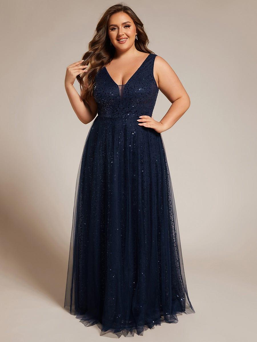 Plus Size Tulle  A-Line Sequin V-Neck Sleeveless Empire-Waist Formal Evening Dress