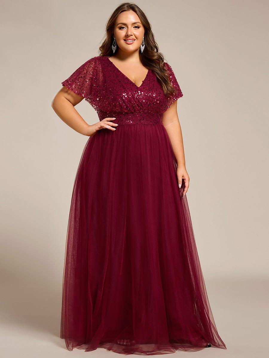Empire-Waist Sparkly Pleated A-Line Short Sleeves V-Neck Tulle Formal Evening Dress