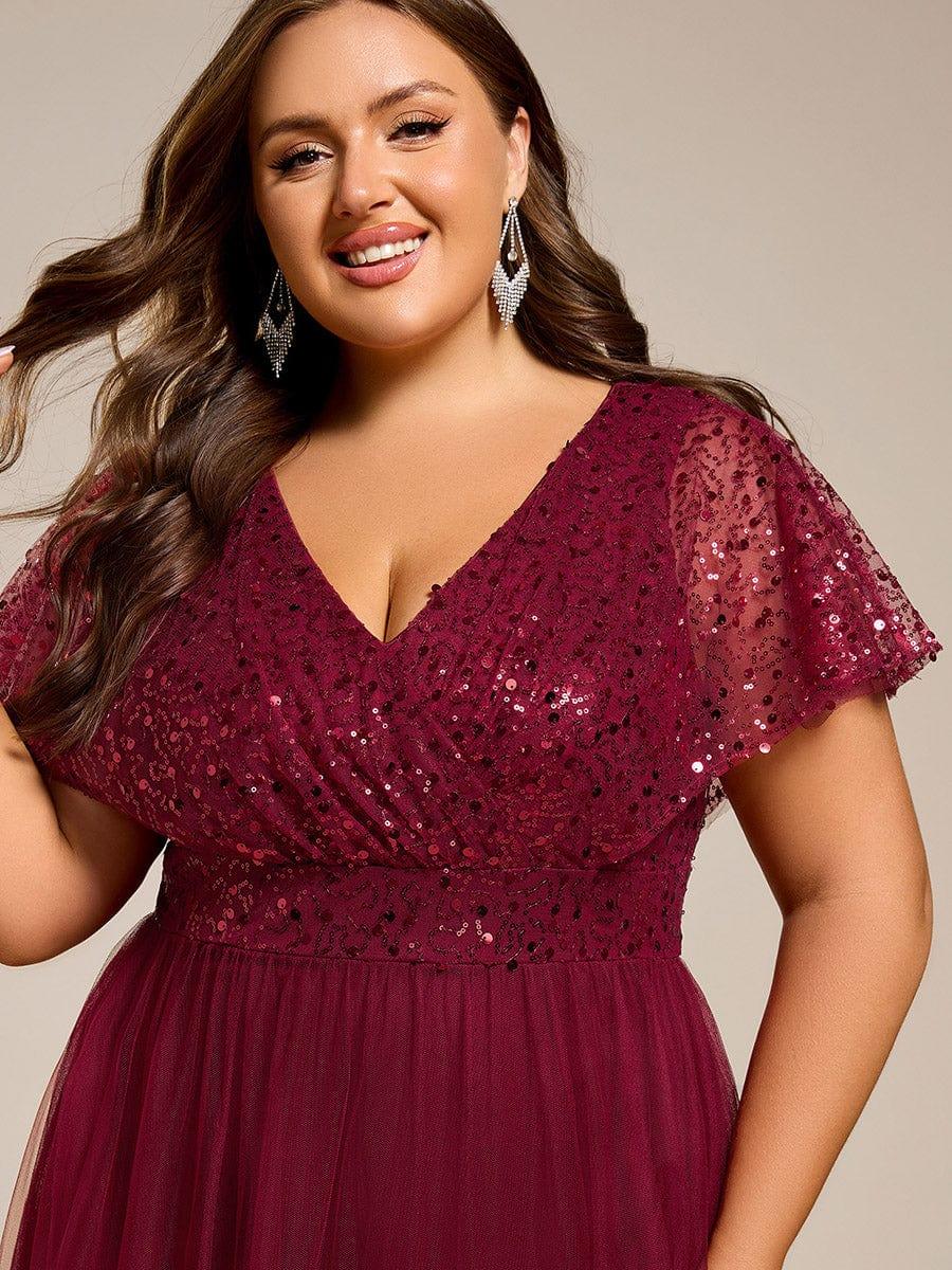 Empire-Waist Sparkly Pleated A-Line Short Sleeves V-Neck Tulle Formal Evening Dress
