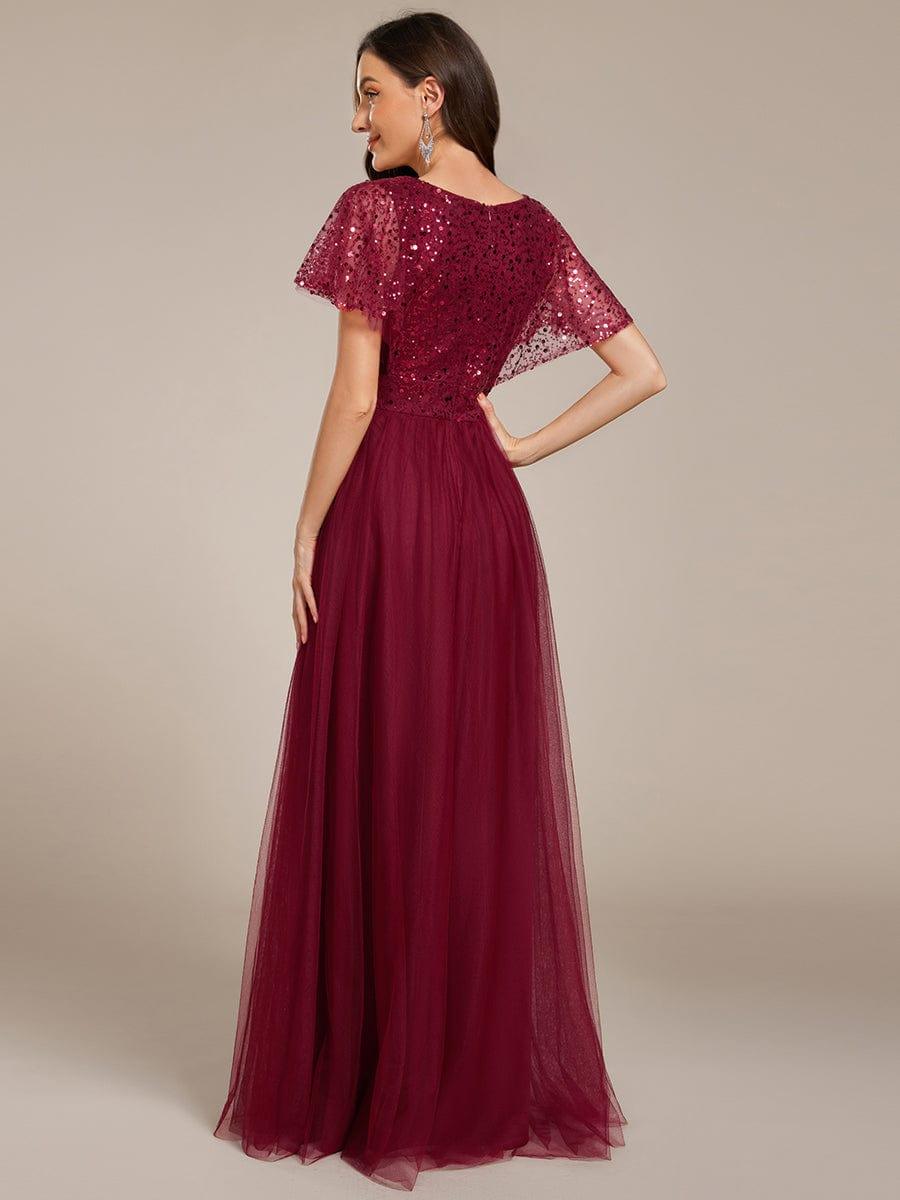 Empire-Waist Sparkly Pleated A-Line Short Sleeves V-Neck Tulle Formal Evening Dress