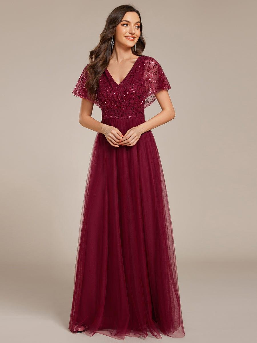 Empire-Waist Sparkly Pleated A-Line Short Sleeves V-Neck Tulle Formal Evening Dress