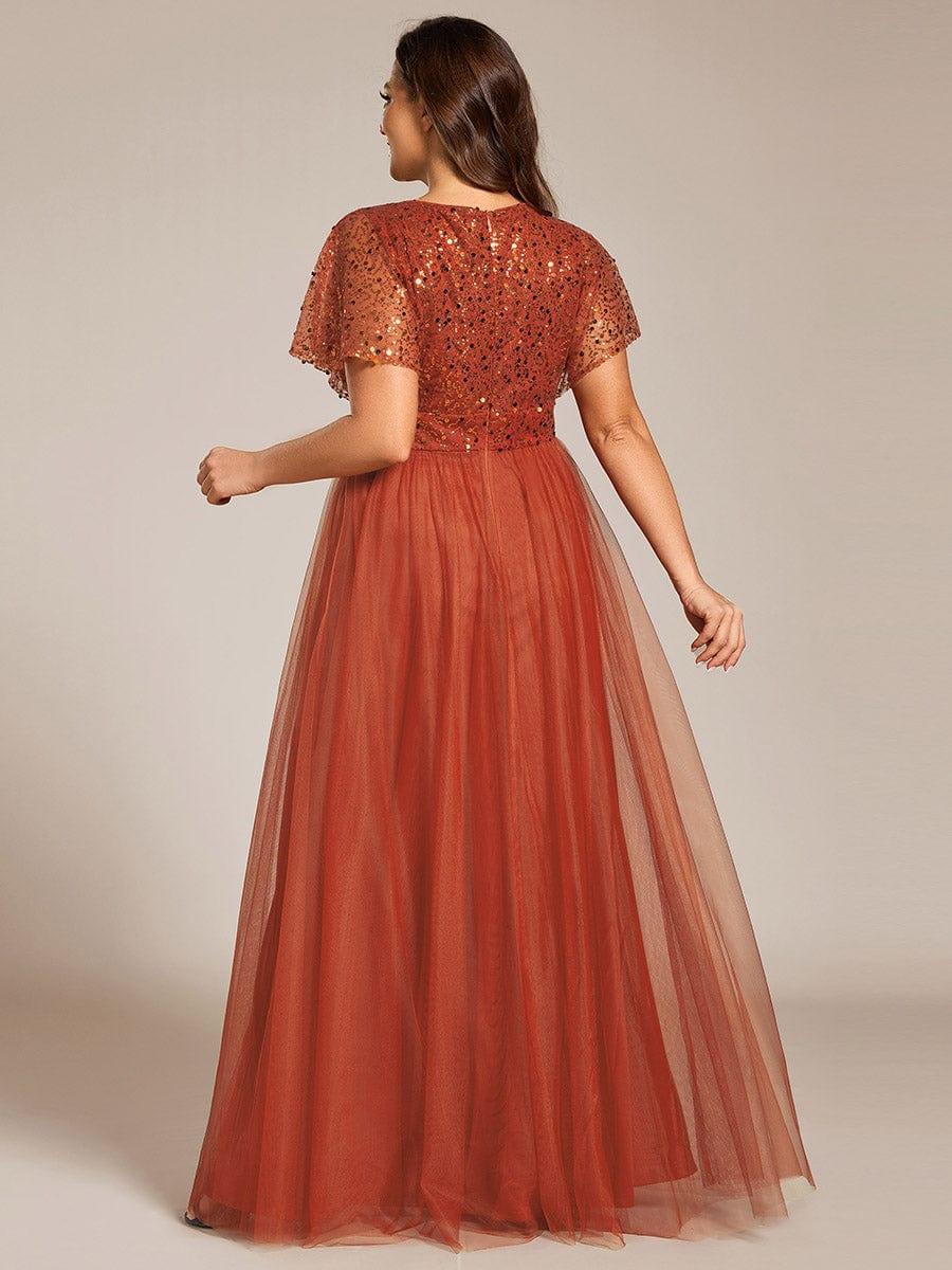 Empire-Waist Sparkly Pleated A-Line Short Sleeves V-Neck Tulle Formal Evening Dress