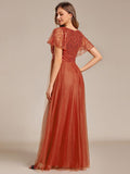 Empire-Waist Sparkly Pleated A-Line Short Sleeves V-Neck Tulle Formal Evening Dress