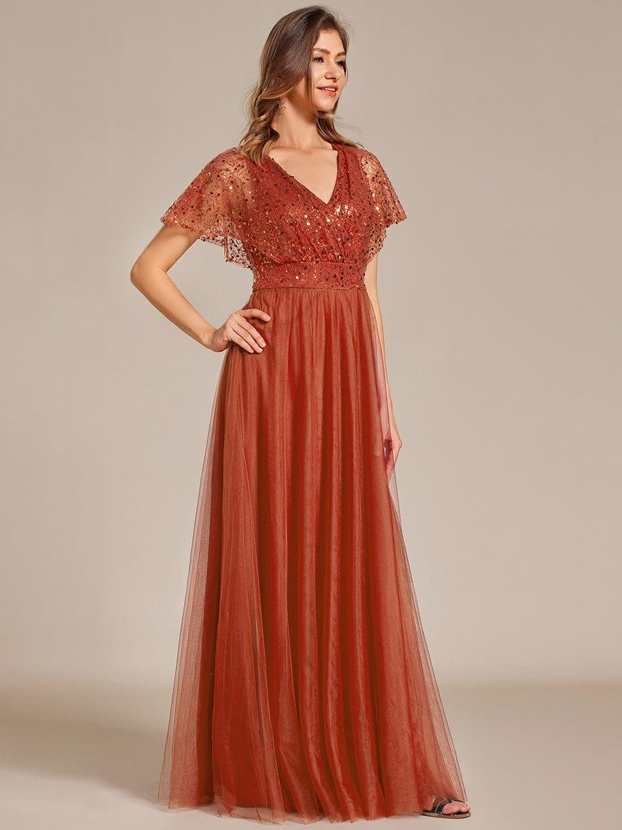 Empire-Waist Sparkly Pleated A-Line Short Sleeves V-Neck Tulle Formal Evening Dress