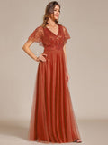 Empire-Waist Sparkly Pleated A-Line Short Sleeves V-Neck Tulle Formal Evening Dress