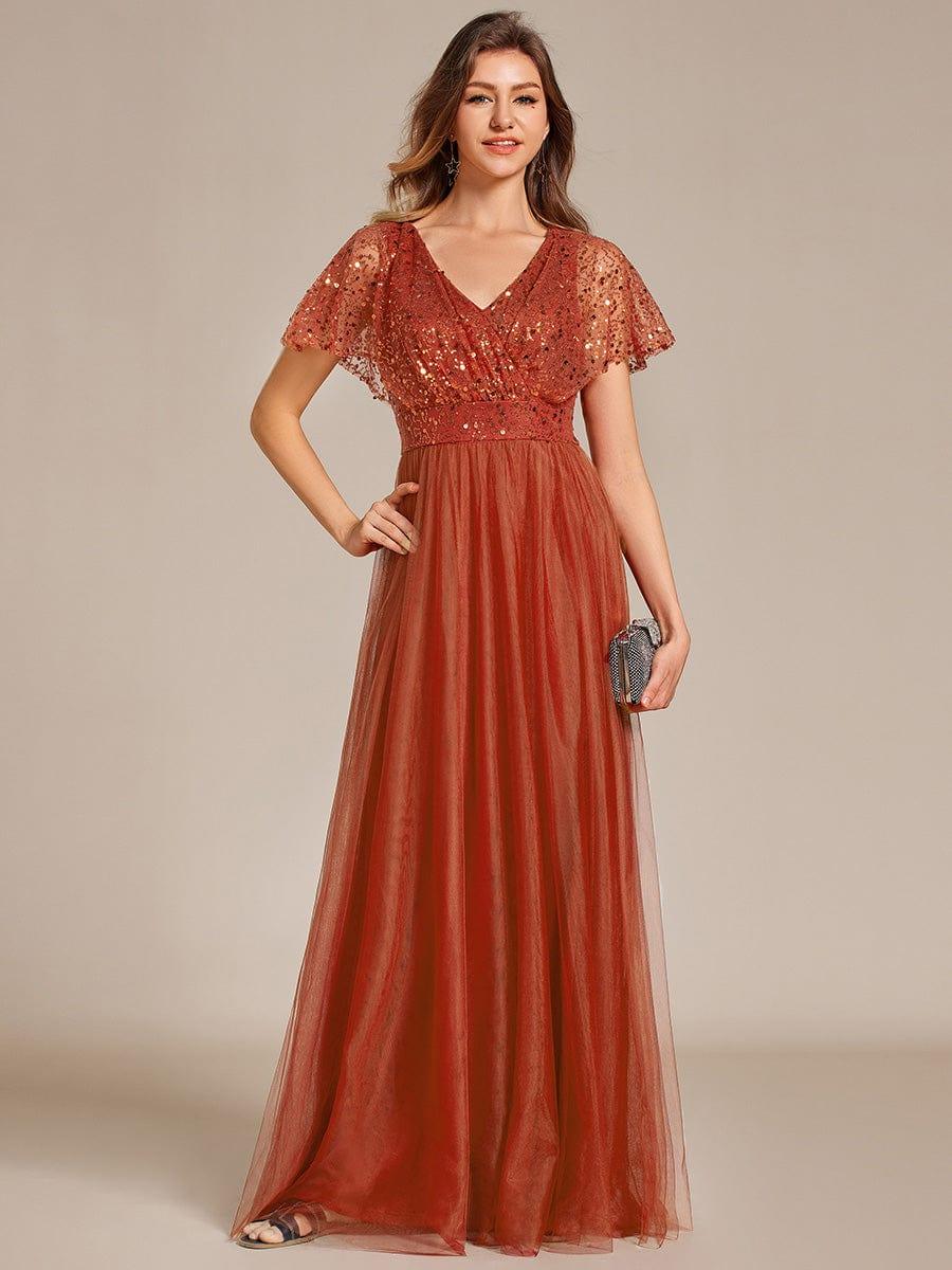 Empire-Waist Sparkly Pleated A-Line Short Sleeves V-Neck Tulle Formal Evening Dress