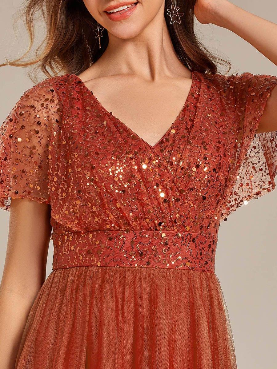 Empire-Waist Sparkly Pleated A-Line Short Sleeves V-Neck Tulle Formal Evening Dress