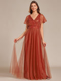 Empire-Waist Sparkly Pleated A-Line Short Sleeves V-Neck Tulle Formal Evening Dress