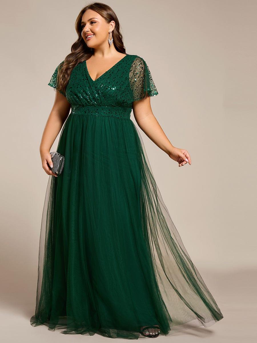 Empire-Waist Sparkly Pleated A-Line Short Sleeves V-Neck Tulle Formal Evening Dress