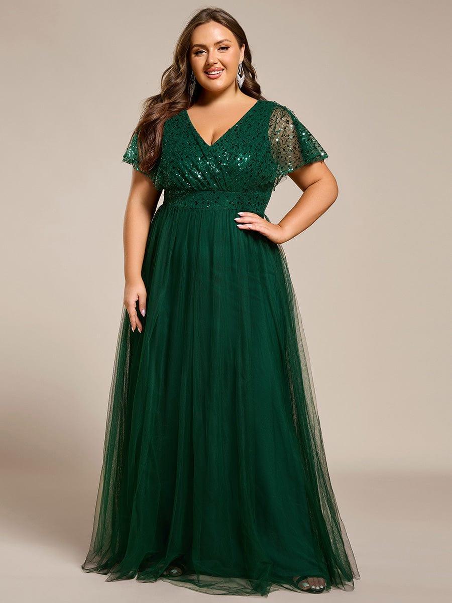 Empire-Waist Sparkly Pleated A-Line Short Sleeves V-Neck Tulle Formal Evening Dress