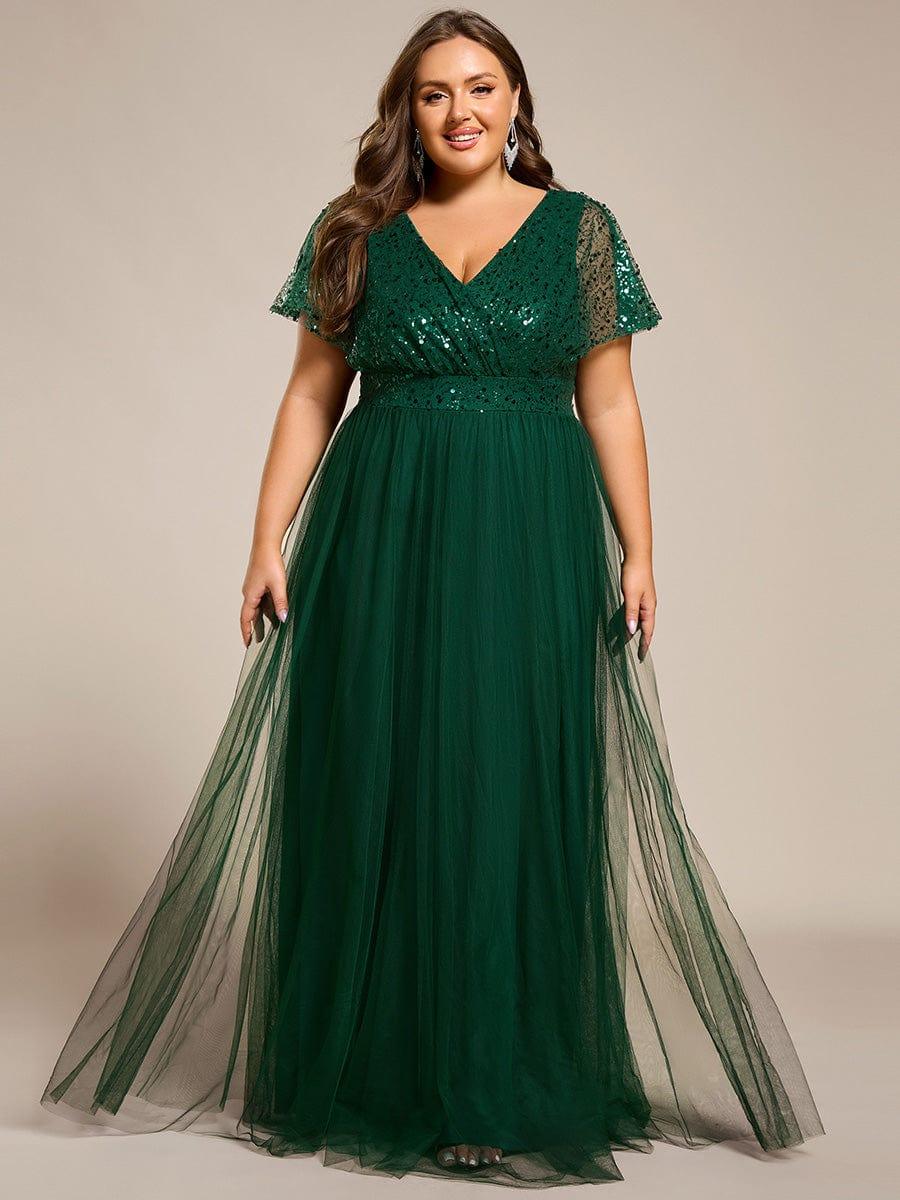 Plus Size A-Line Short Sleeves V-Neck Tulle Formal Evening Dress with Sequins