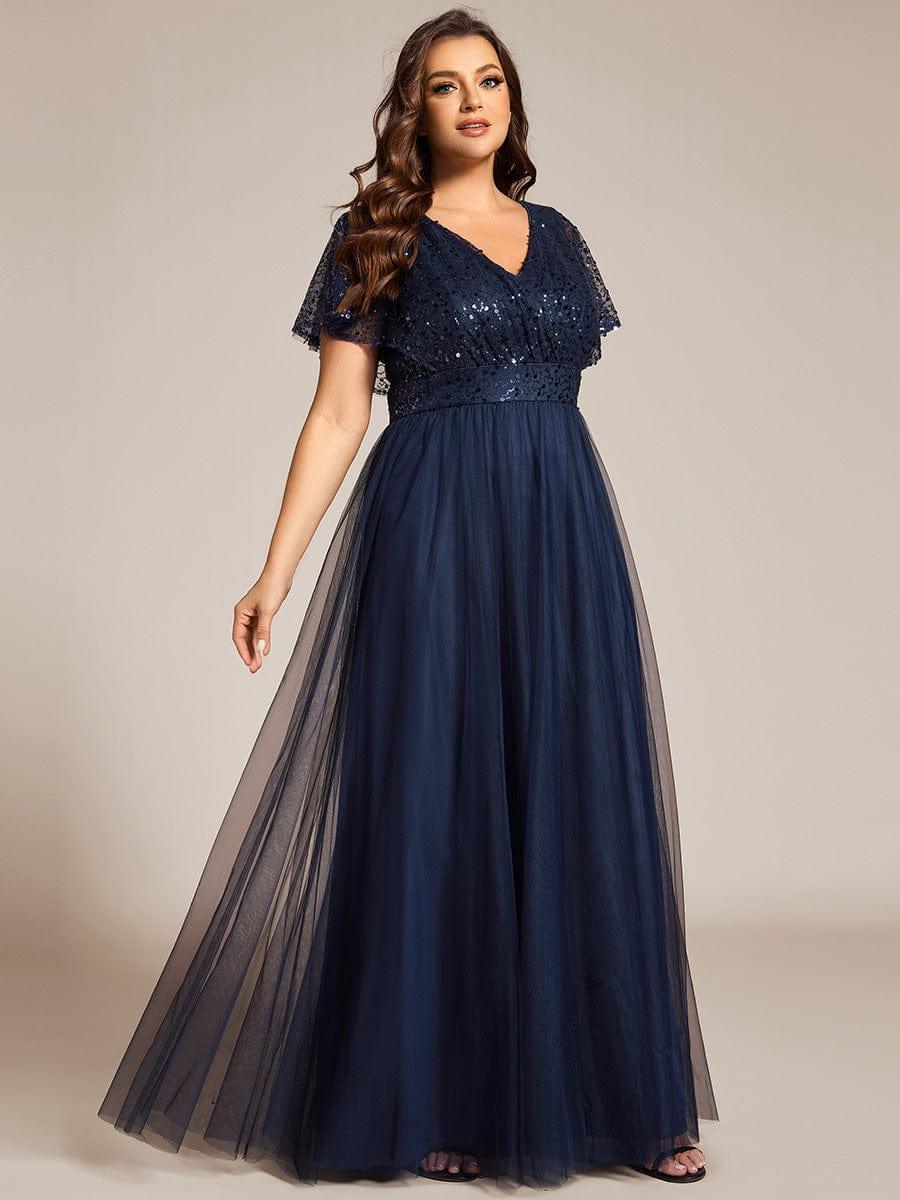 Plus Size A-Line Short Sleeves V-Neck Tulle Formal Evening Dress with Sequins