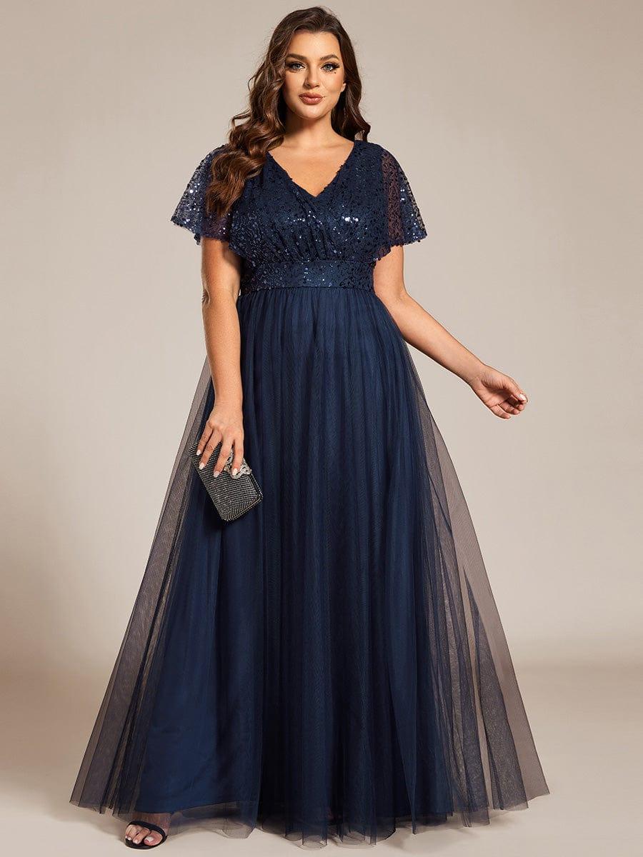 Plus Size A-Line Short Sleeves V-Neck Tulle Formal Evening Dress with Sequins