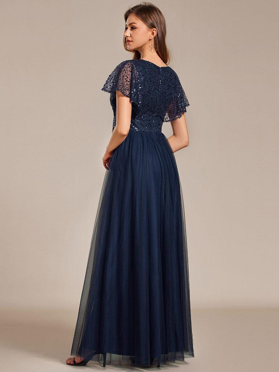 Empire-Waist Sparkly Pleated A-Line Short Sleeves V-Neck Tulle Formal Evening Dress