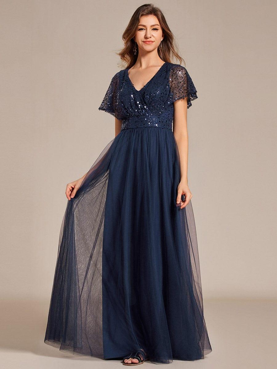 Empire-Waist Sparkly Pleated A-Line Short Sleeves V-Neck Tulle Formal Evening Dress