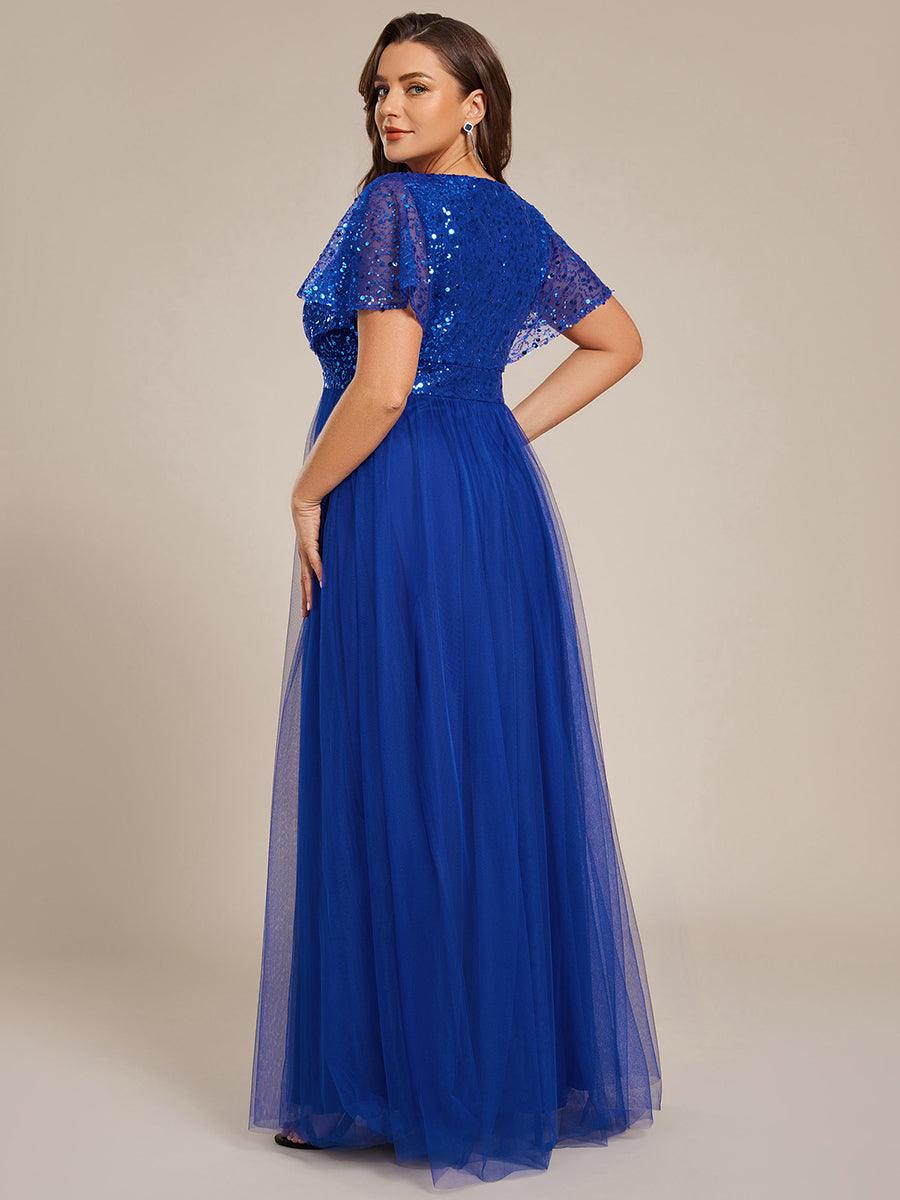 Empire-Waist Sparkly Pleated A-Line Short Sleeves V-Neck Tulle Formal Evening Dress