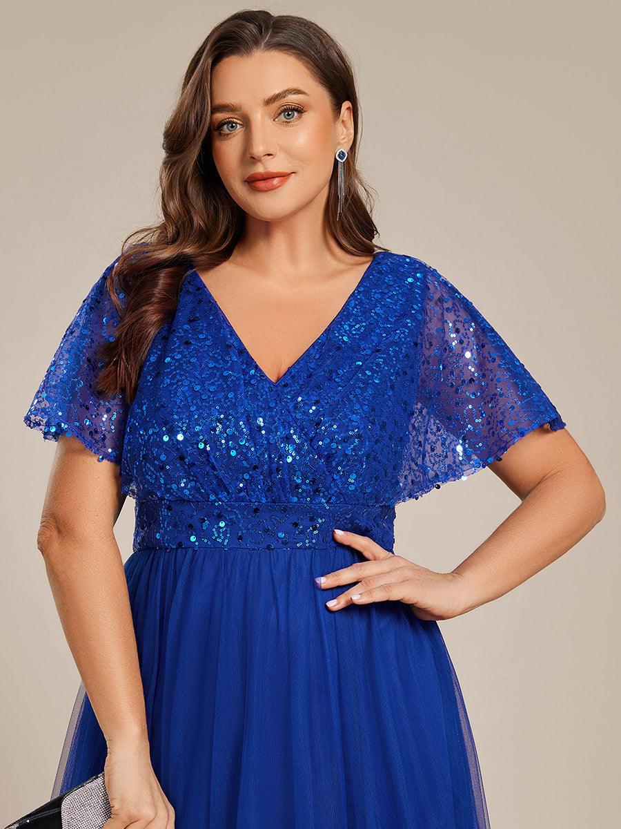 Empire-Waist Sparkly Pleated A-Line Short Sleeves V-Neck Tulle Formal Evening Dress