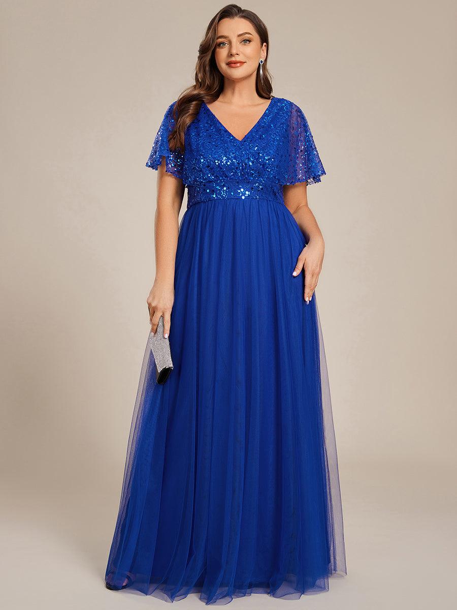 Plus Size A-Line Short Sleeves V-Neck Tulle Formal Evening Dress with Sequins
