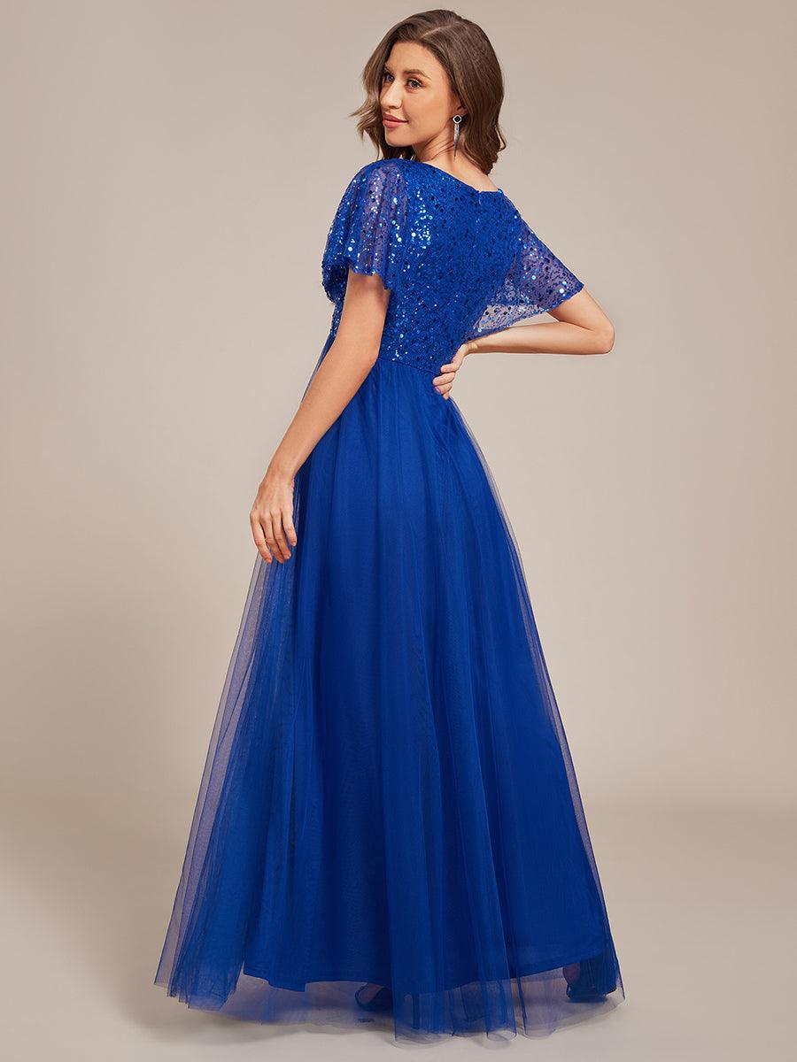 Empire-Waist Sparkly Pleated A-Line Short Sleeves V-Neck Tulle Formal Evening Dress
