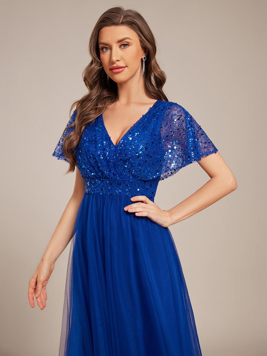 Empire-Waist Sparkly Pleated A-Line Short Sleeves V-Neck Tulle Formal Evening Dress