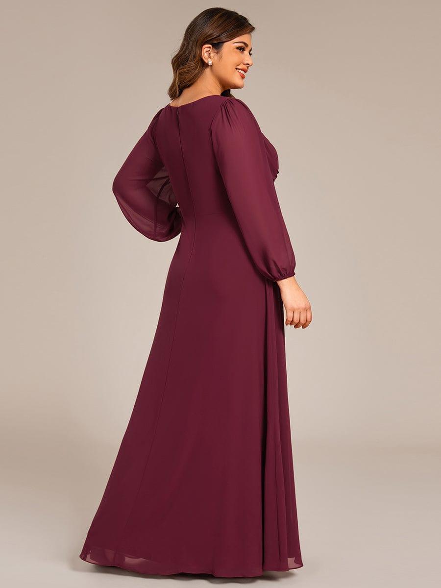 V-Neck Plus Size A-Line Pleated Long Sleeves Chiffon Formal Evening Dress