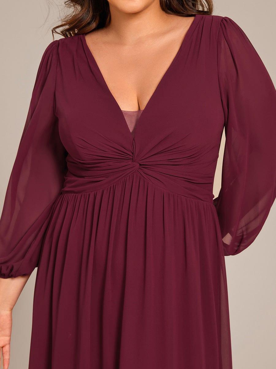 V-Neck Plus Size A-Line Pleated Long Sleeves Chiffon Formal Evening Dress