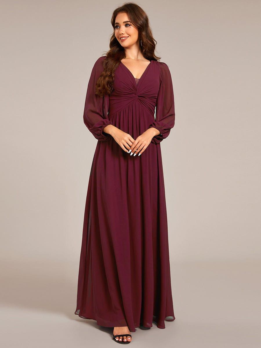 Elegant A-Line Chiffon Empire-Waist Pleated Formal Evening Dress with Long Sleeves
