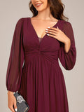 Elegant A-Line Chiffon Empire-Waist Pleated Formal Evening Dress with Long Sleeves