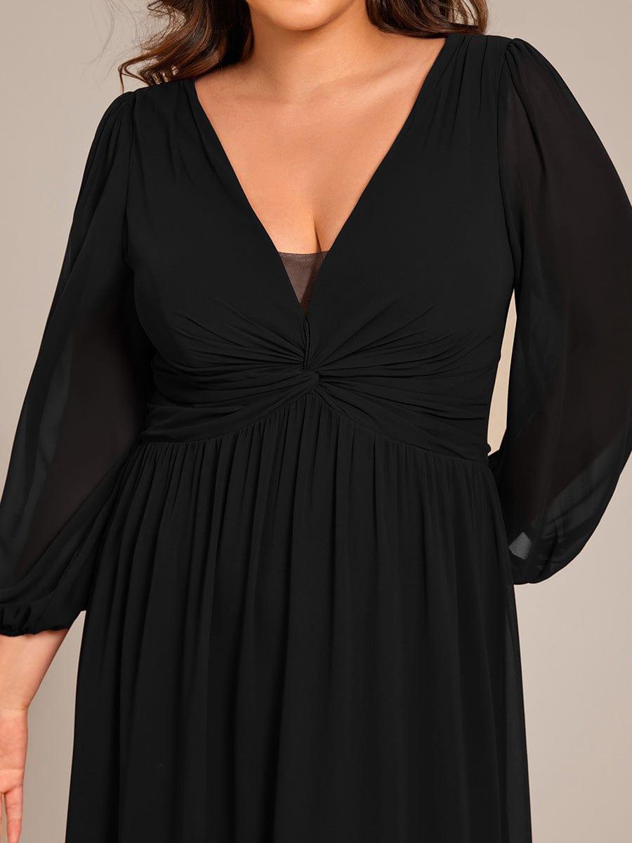 V-Neck Plus Size A-Line Pleated Long Sleeves Chiffon Formal Evening Dress