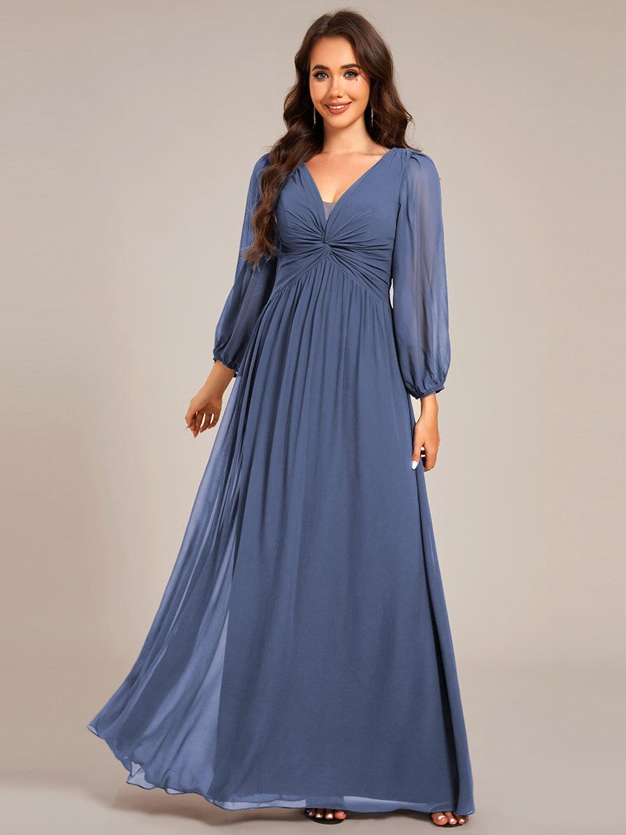 Elegant A-Line Chiffon Empire-Waist Pleated Formal Evening Dress with Long Sleeves